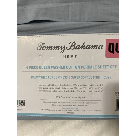 Tommy Bahama Home Washed Cotton Percale Queen Sheet Set 4 Pieces Blue Sky New - Picture 9 of 11